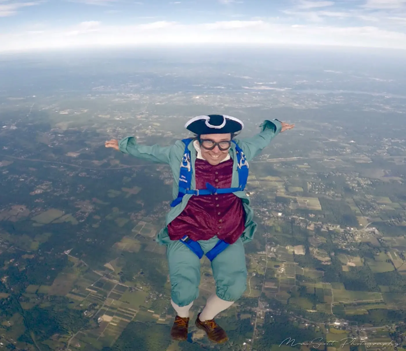 Scott skydiving in colonial costume
